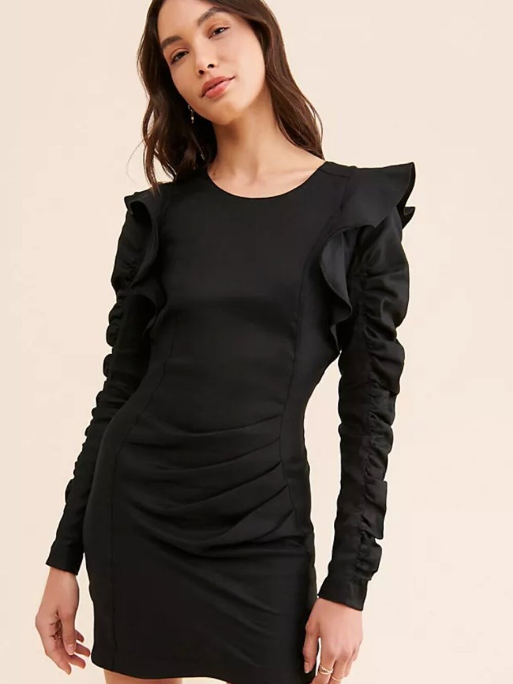 Anthropologie Audette Eclipse Black Ruched Ruffle Cutout Back Mini Dress M